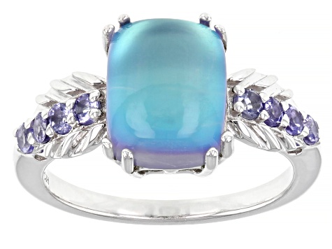 Blue Aurora Moonstone Rhodium Over Sterling Silver Ring 0.28ctw