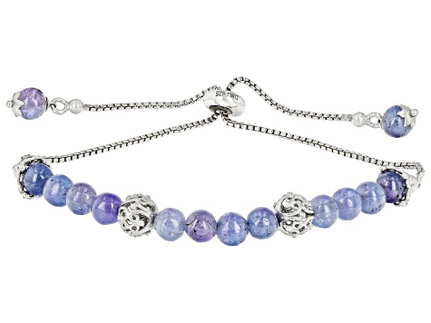 Blue Tanzanite Rhodium Over Sterling Silver Beaded Bolo Bracelet