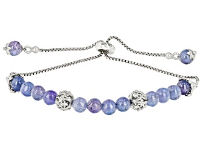 Blue Tanzanite Rhodium Over Sterling Silver Beaded Bolo Bracelet