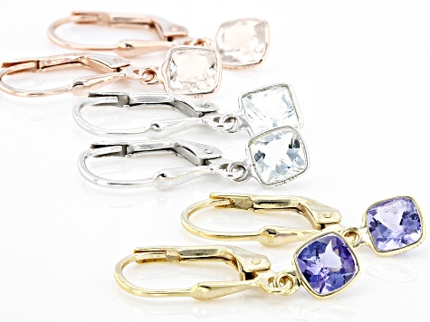 Tanzanite, Aquamarine & Morganite Rhodium, 18k Yellow & Rose Gold Over Silver Earring Set 3.15ctw