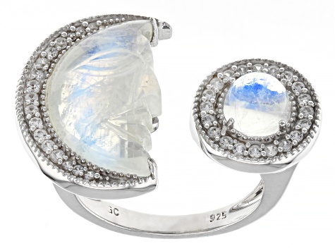 Rainbow Moonstone Rhodium Over Sterling Silver Moon Cuff Ring .41ctw