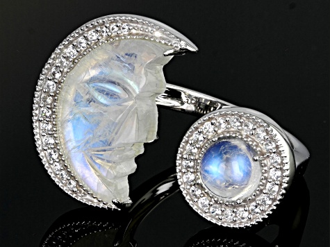 Rainbow Moonstone Rhodium Over Sterling Silver Moon Cuff Ring .41ctw