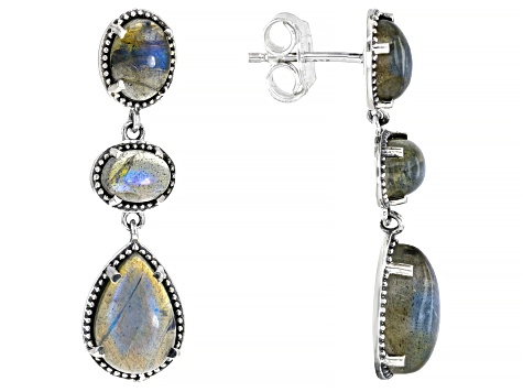 Gray Labradorite Rhodium Over Sterling Silver Dangle Earrings