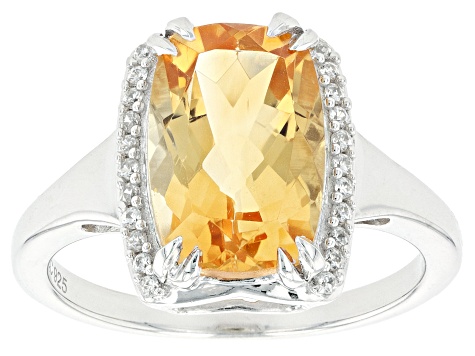 Yellow Citrine With White Zircon Rhodium Over Sterling Silver Ring 3 ...
