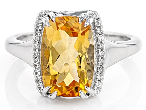 Yellow Citrine With White Zircon Rhodium Over Sterling Silver Ring 3.37ctw
