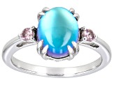 Blue Aurora Moonstone With Color Shift Garnet Rhodium Over Sterling Silver Ring .13ctw