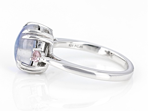Blue Aurora Moonstone With Color Shift Garnet Rhodium Over Sterling Silver Ring .13ctw