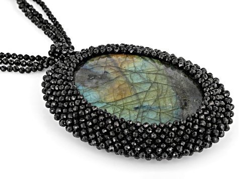 Gray Labradorite with Black Spinel Rhodium Over Sterling Silver Necklace