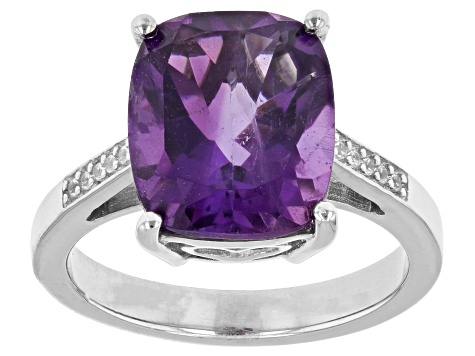 Purple African Amethyst With White Zircon Rhodium Over Sterling Silver Ring 4.83ctw