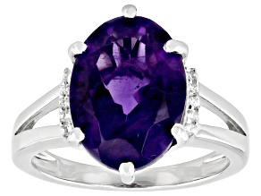 Purple African Amethyst With White Zircon Rhodium Over Sterling Silver Ring 4.03ctw