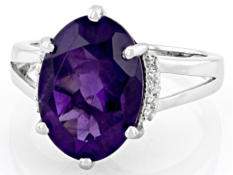 Purple African Amethyst With White Zircon Rhodium Over Sterling Silver Ring 4.03ctw