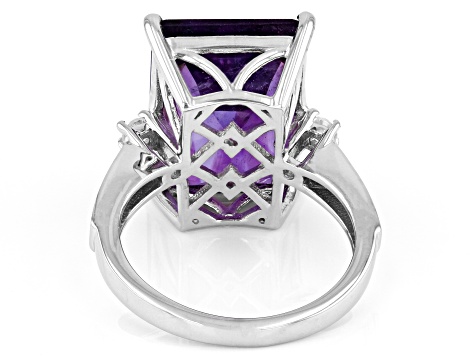 Purple African Amethyst with White Zircon Rhodium Over Sterling Silver Ring 10.10ctw