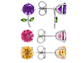 Multi-Stone Rhodium Over Sterling Silver Earring Set of 3 10.69ctw