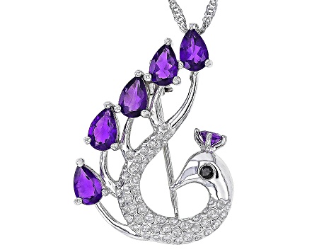 African Amethyst & Black Spinel Rhodium Over Silver Peacock Brooch Pendant With Chain 2.40ctw