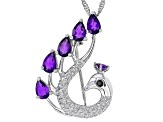 African Amethyst & Black Spinel Rhodium Over Silver Peacock Brooch Pendant With Chain 2.40ctw