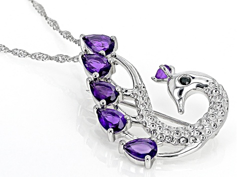 African Amethyst & Black Spinel Rhodium Over Silver Peacock Brooch Pendant With Chain 2.40ctw
