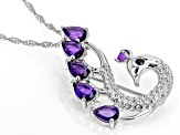 African Amethyst & Black Spinel Rhodium Over Silver Peacock Brooch Pendant With Chain 2.40ctw