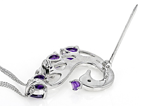 African Amethyst & Black Spinel Rhodium Over Silver Peacock Brooch Pendant With Chain 2.40ctw