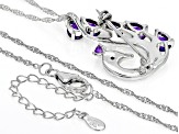 African Amethyst & Black Spinel Rhodium Over Silver Peacock Brooch Pendant With Chain 2.40ctw