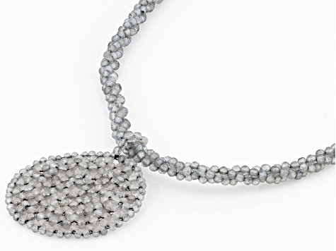 Gray Labradorite Rhodium Over Sterling Silver Woven Drop Necklace
