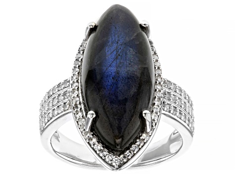 Gray Labradorite With White Zircon Rhodium Over Sterling Silver Ring 1.37ctw