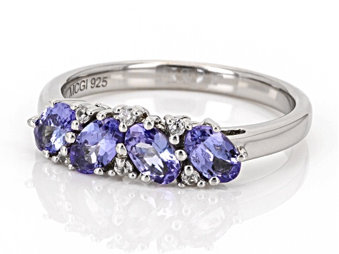 Blue Tanzanite With White Zircon Rhodium Over Sterling Silver Ring .79ctw