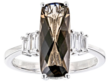 Picture of Brown Smoky Quartz With White Zircon Rhodium Over Sterling Silver Ring 3.33ctw