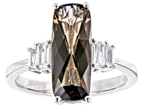 Brown Smoky Quartz With White Zircon Rhodium Over Sterling Silver Ring 3.33ctw