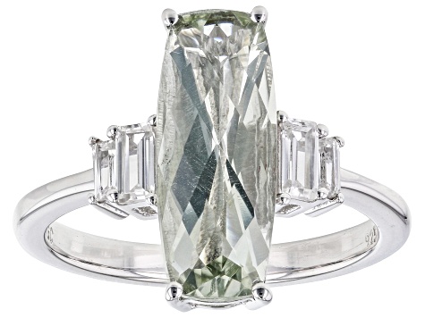 Green Prasiolite With White Zircon Rhodium Over Sterling Silver Ring 3.33ctw