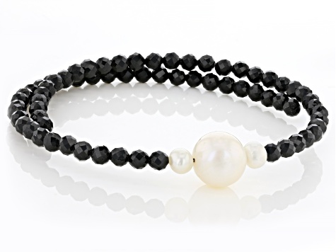 Black Spinel with Cultured Freshwater Pearl Stainless Steel Wrap Bracelet