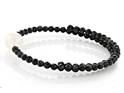 Black Spinel with Cultured Freshwater Pearl Stainless Steel Wrap Bracelet