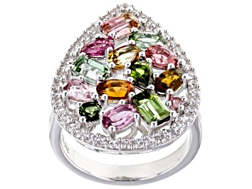 Picture of Multi-Tourmaline With White Zircon Rhodium Over Sterling Silver Ring 3.14ctw