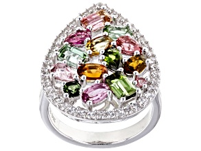 Multi-Tourmaline With White Zircon Rhodium Over Sterling Silver Ring 3.14ctw