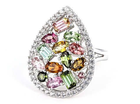 Multi-Tourmaline With White Zircon Rhodium Over Sterling Silver Ring 3.14ctw