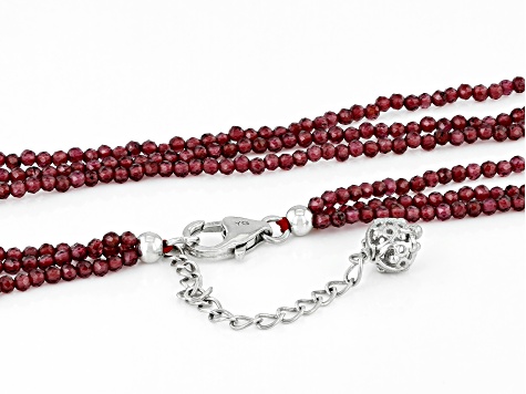 Red Garnet Rhodium Over Sterling Silver Multi-Strand Beaded Necklace