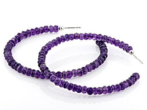 Purple African Amethyst Rhodium Over Sterling Silver Beaded Hoop Earrings