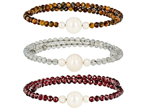 Garnet, Tigers Eye & Labradorite with Cultured Freshwater Pearl Wrap Bracelets Set of 3