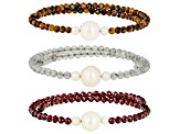 Garnet, Tigers Eye & Labradorite with Cultured Freshwater Pearl Wrap Bracelets Set of 3