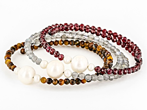 Garnet, Tigers Eye & Labradorite with Cultured Freshwater Pearl Wrap Bracelets Set of 3