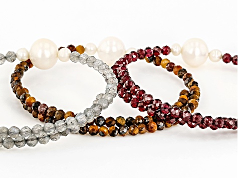 Garnet, Tigers Eye & Labradorite with Cultured Freshwater Pearl Wrap Bracelets Set of 3