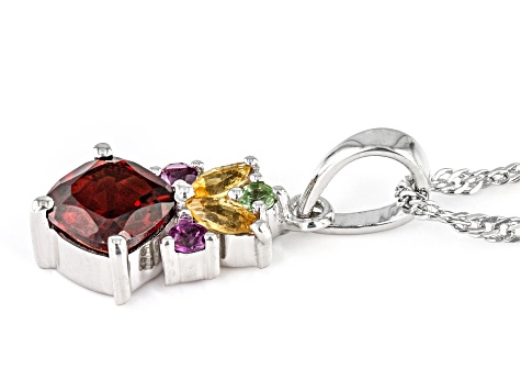 Red Garnet With Multi-Gemstone Rhodium Over Sterling Silver Pendant With Chain 1.36ctw