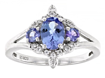 Picture of Blue Tanzanite With White Zircon Rhodium Over Sterling Silver Ring 1.06ctw