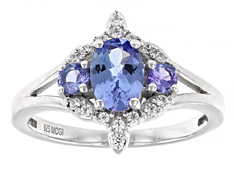 Blue Tanzanite With White Zircon Rhodium Over Sterling Silver Ring 1.06ctw