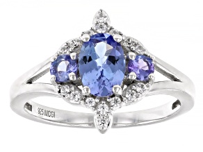 Blue Tanzanite With White Zircon Rhodium Over Sterling Silver Ring 1.06ctw