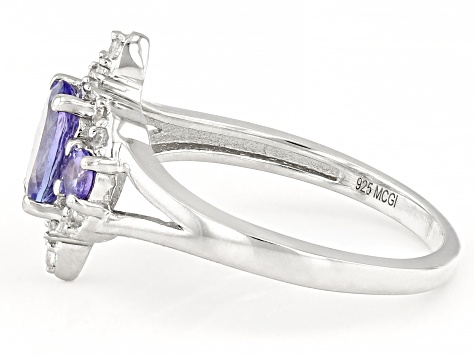 Blue Tanzanite With White Zircon Rhodium Over Sterling Silver Ring 1.06ctw