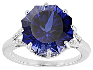 Picture of Blue Lab Created Sapphire Rhodium Over Sterling Silver Ferris Wheel Cut Ring 6.87ctw
