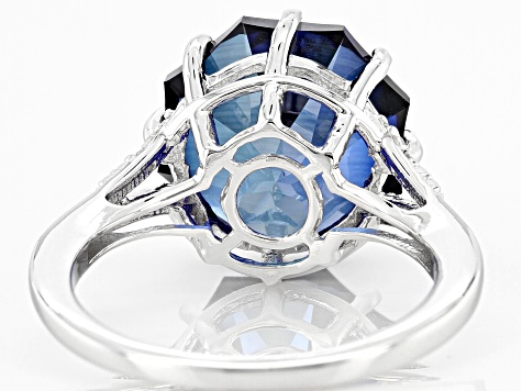 Blue Lab Created Sapphire Rhodium Over Sterling Silver Ferris Wheel Cut Ring 6.87ctw