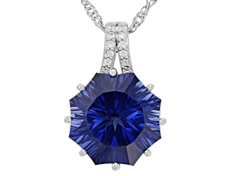 Blue Lab Created Sapphire Rhodium Over Sterling Silver Ferris Wheel Cut Pendant with Chain 6.87ctw