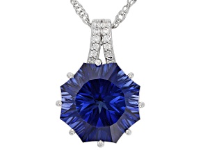 Blue Created Sapphire Rhodium Over Sterling Silver Ferris Wheel Cut Pendant with Chain 6.87ctw