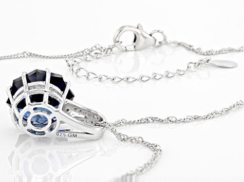 Blue Lab Created Sapphire Rhodium Over Sterling Silver Ferris Wheel Cut Pendant with Chain 6.87ctw